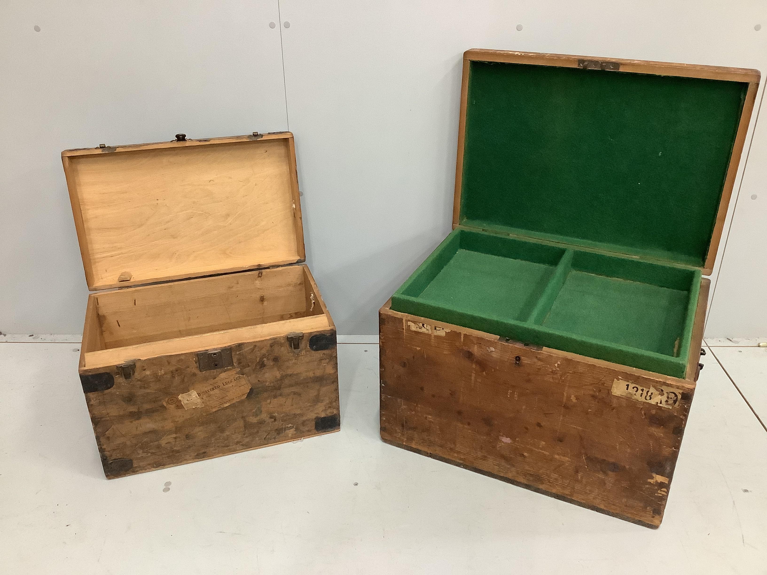 A Victorian rectangular pine trunk, width 65cm, depth 47cm, height 43cm together with a smaller later iron bound trunk